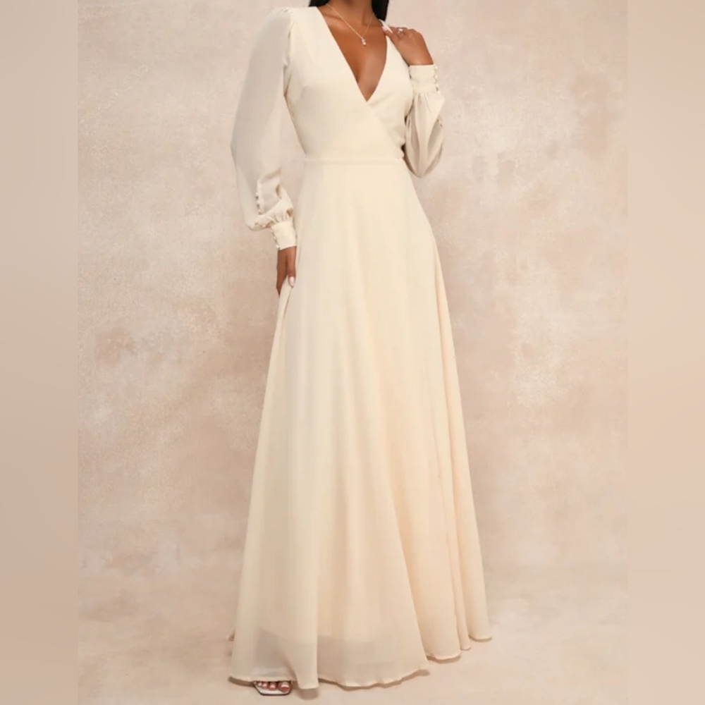 LULU'S CREAM LONG SLEEVE WRAP MAXI DRESS SIZE LARGE